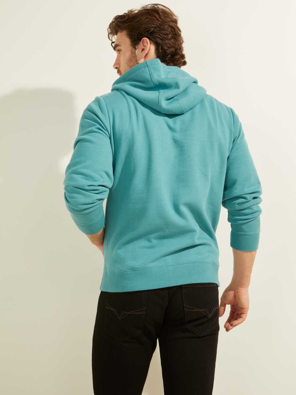 Turquoise Men's Guess Eco Roy Embroidered Logo Hoodie Australia Sale | 415ODATXL