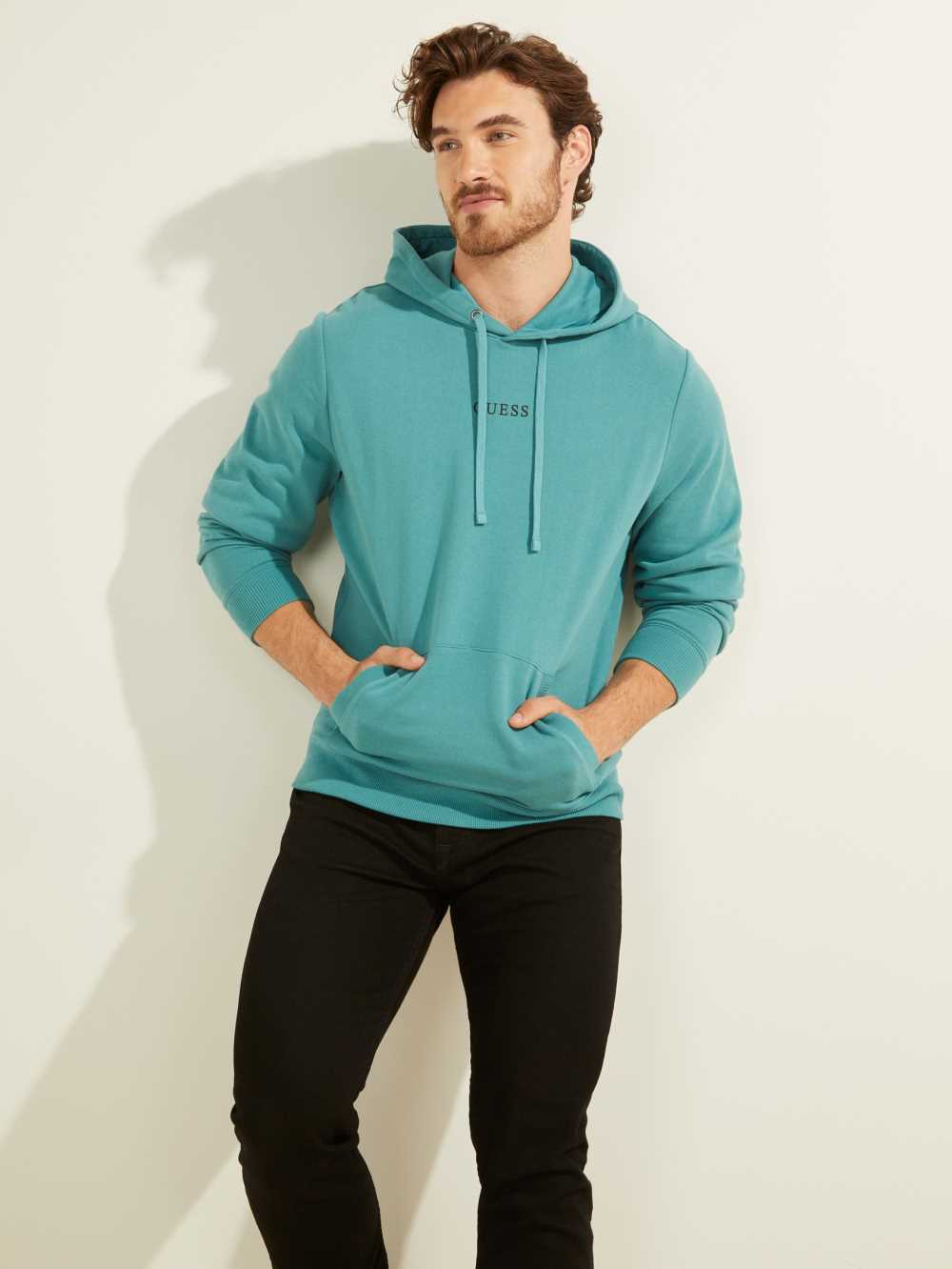 Turquoise Men\'s Guess Eco Roy Embroidered Logo Hoodie Australia Sale | 415ODATXL