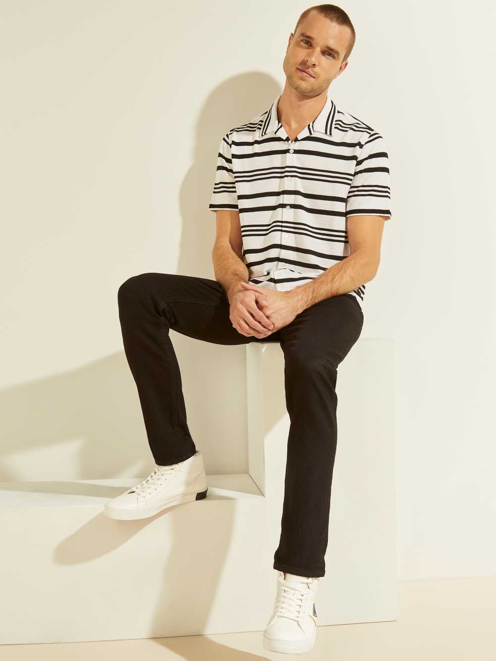 White Black Men's Guess Leo Striped Shirts Australia Sale | 641VQTAPU