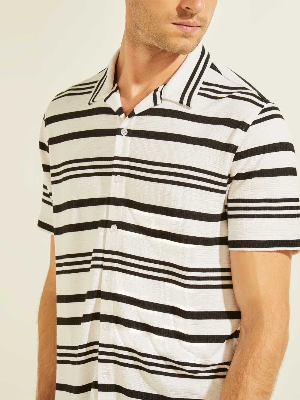 White Black Men's Guess Leo Striped Shirts Australia Sale | 641VQTAPU