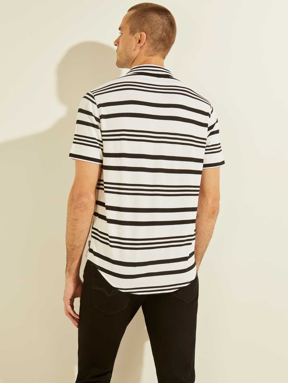 White Black Men's Guess Leo Striped Shirts Australia Sale | 641VQTAPU