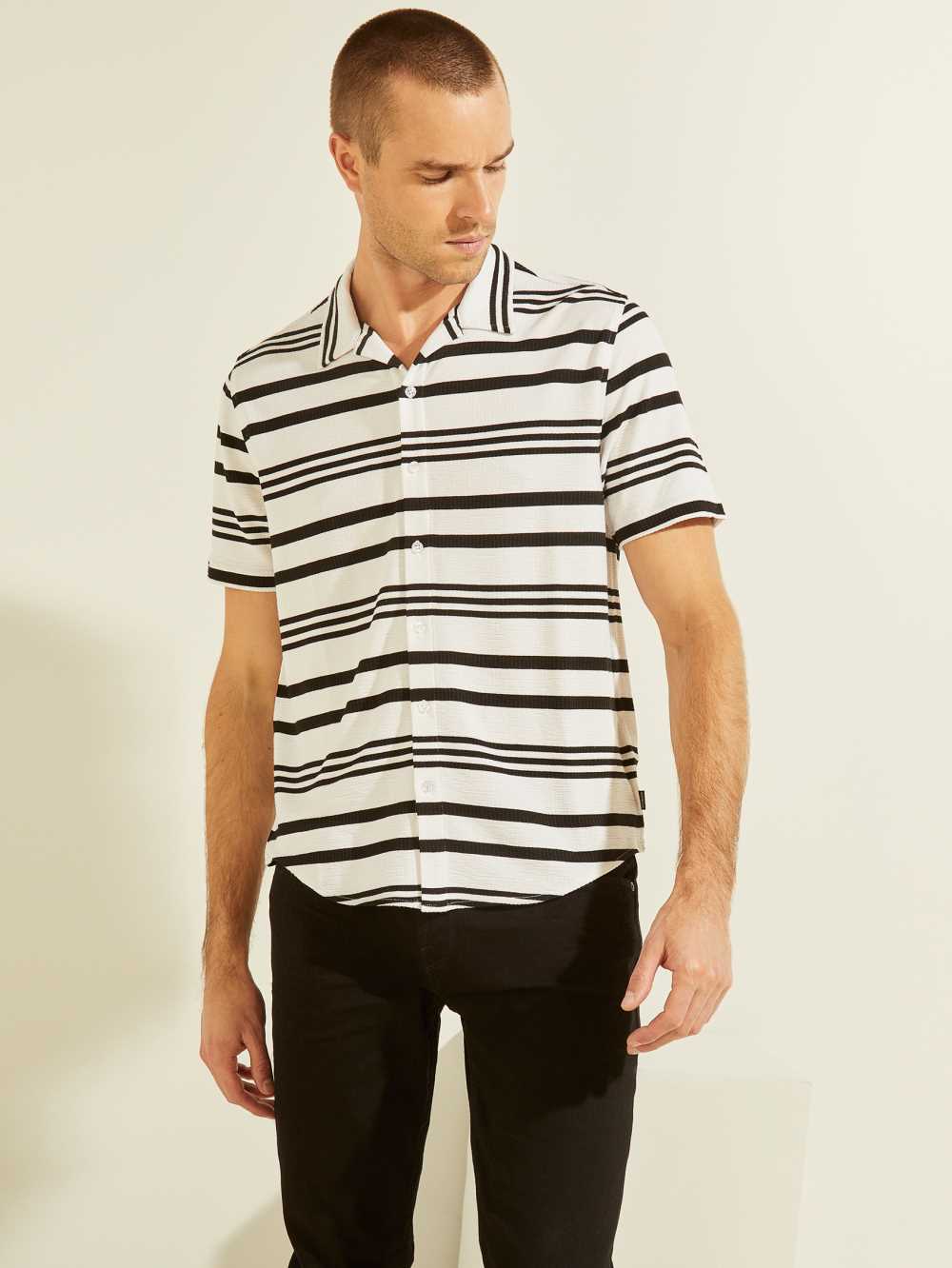 White Black Men\'s Guess Leo Striped Shirts Australia Sale | 641VQTAPU