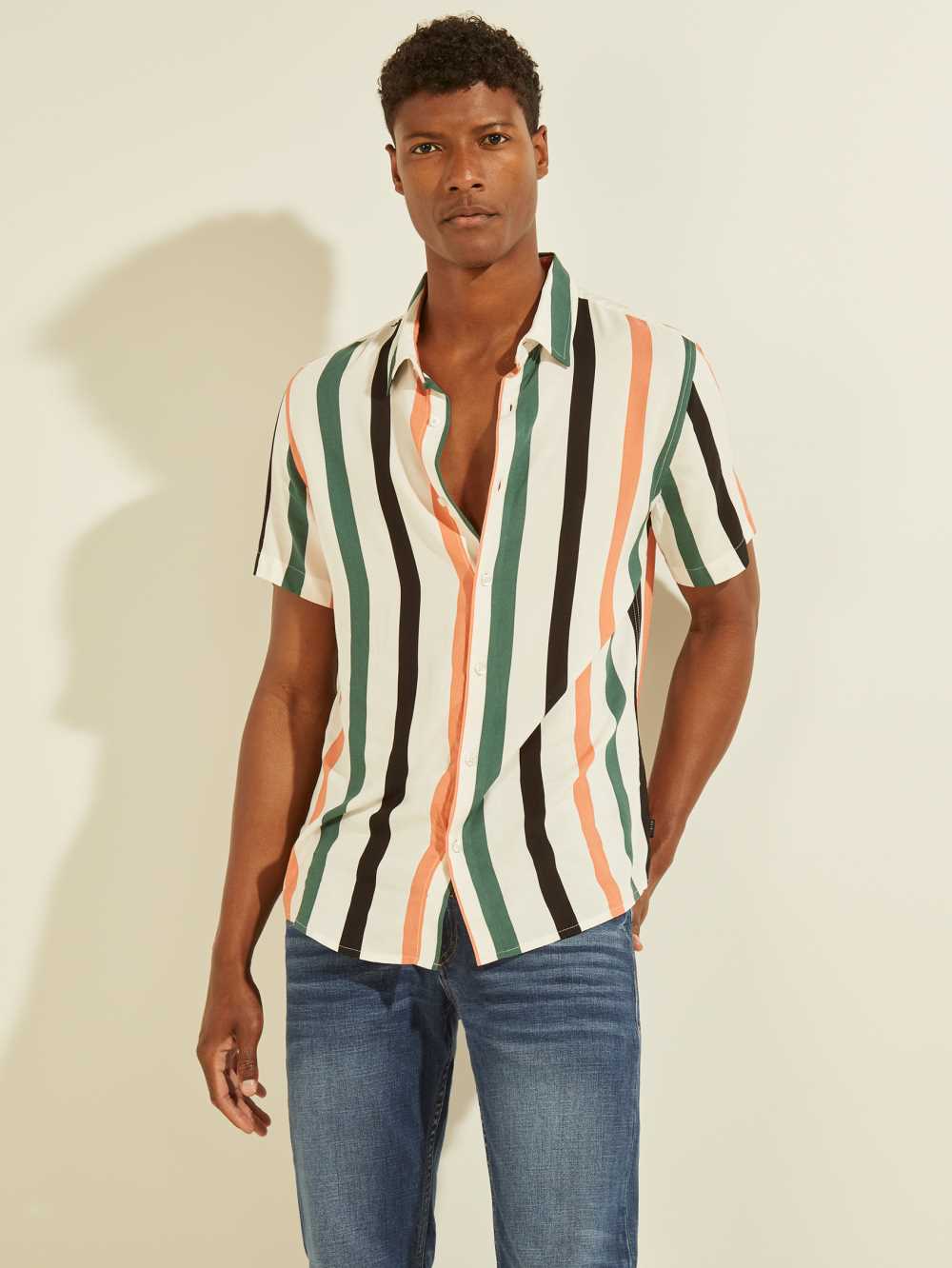 White Men\'s Guess Eco Art Stripe Shirts Australia Sale | 869PJAVGT