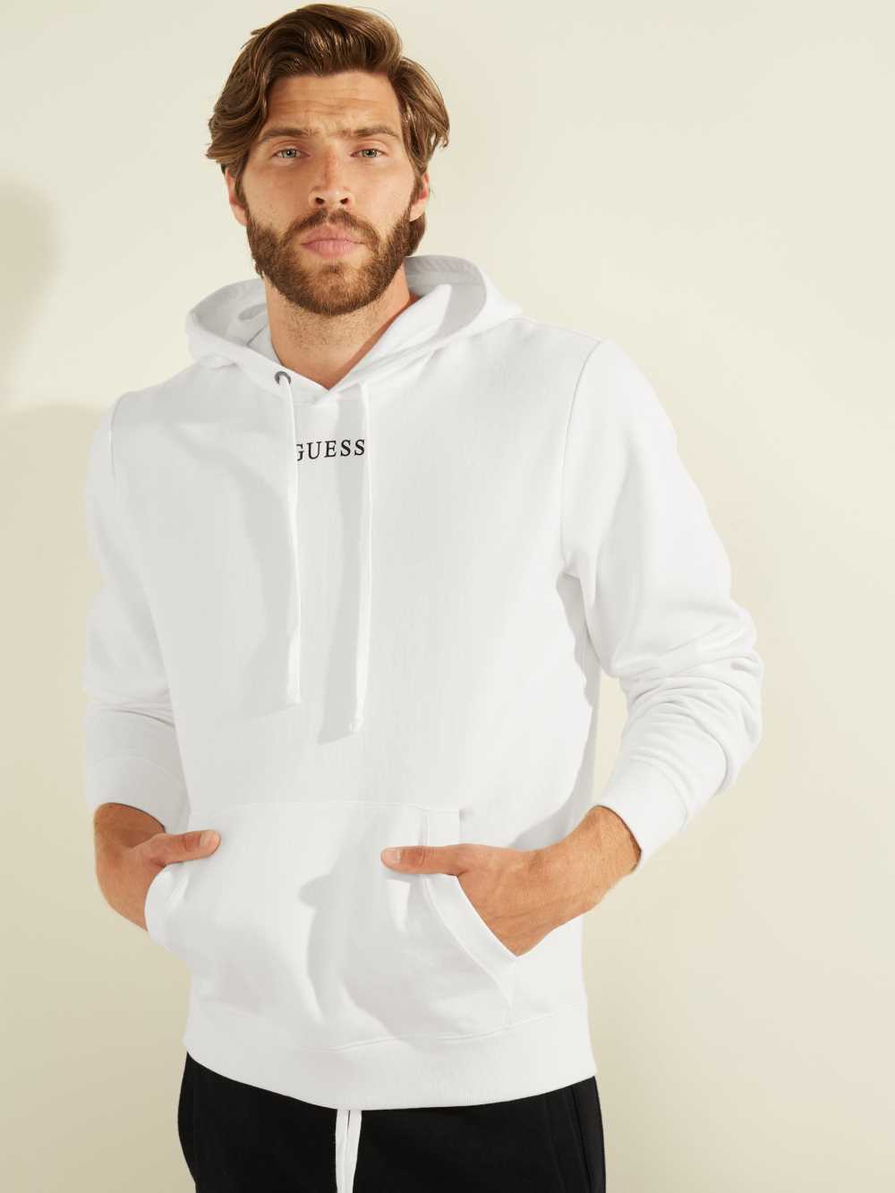 White Men\'s Guess Eco Roy Embroidered Logo Hoodie Australia Sale | 741WJEODH