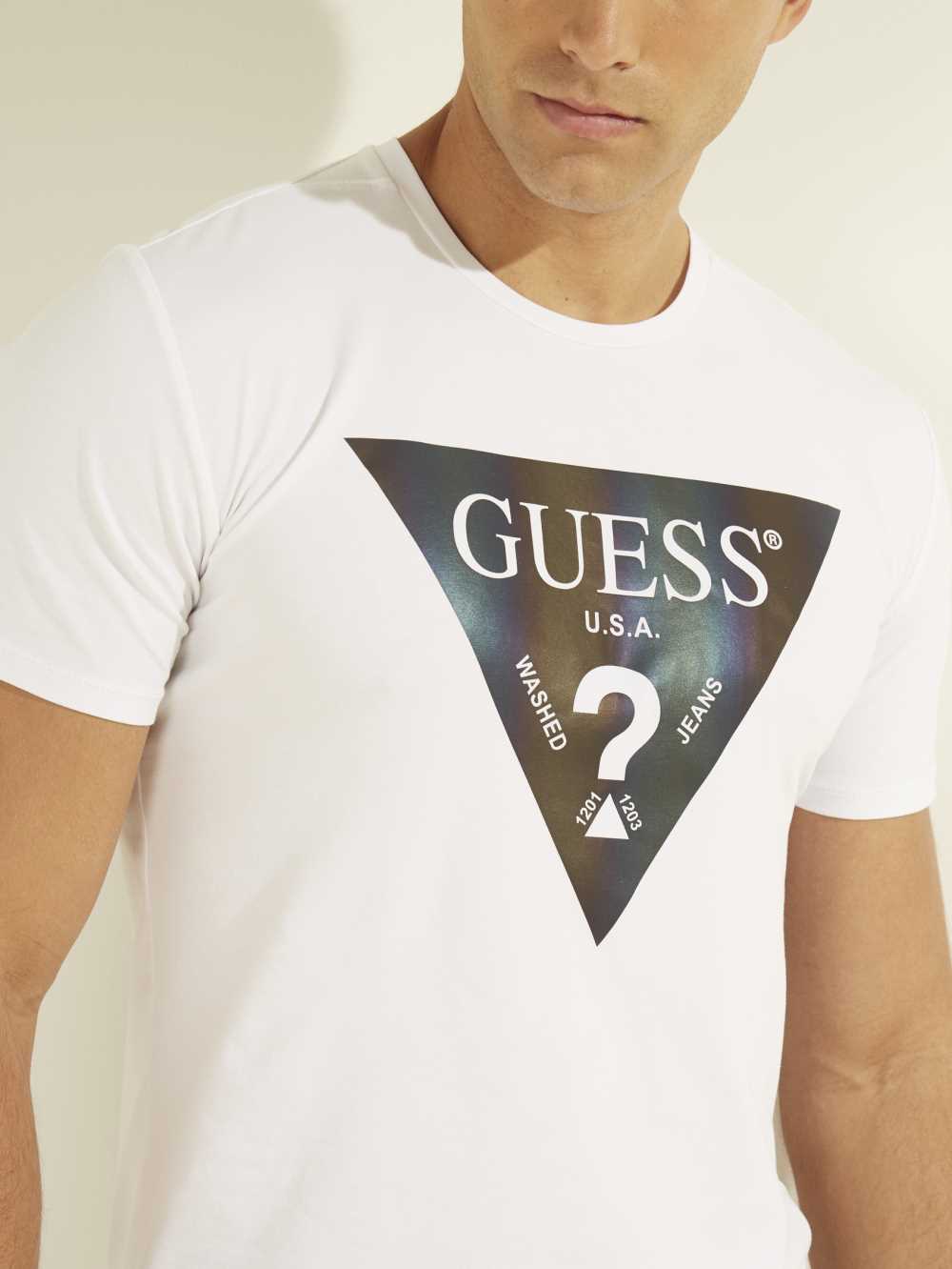 White Men's Guess Iridescent Logo Graphic T-shirt Australia Sale | 925MYWNSR