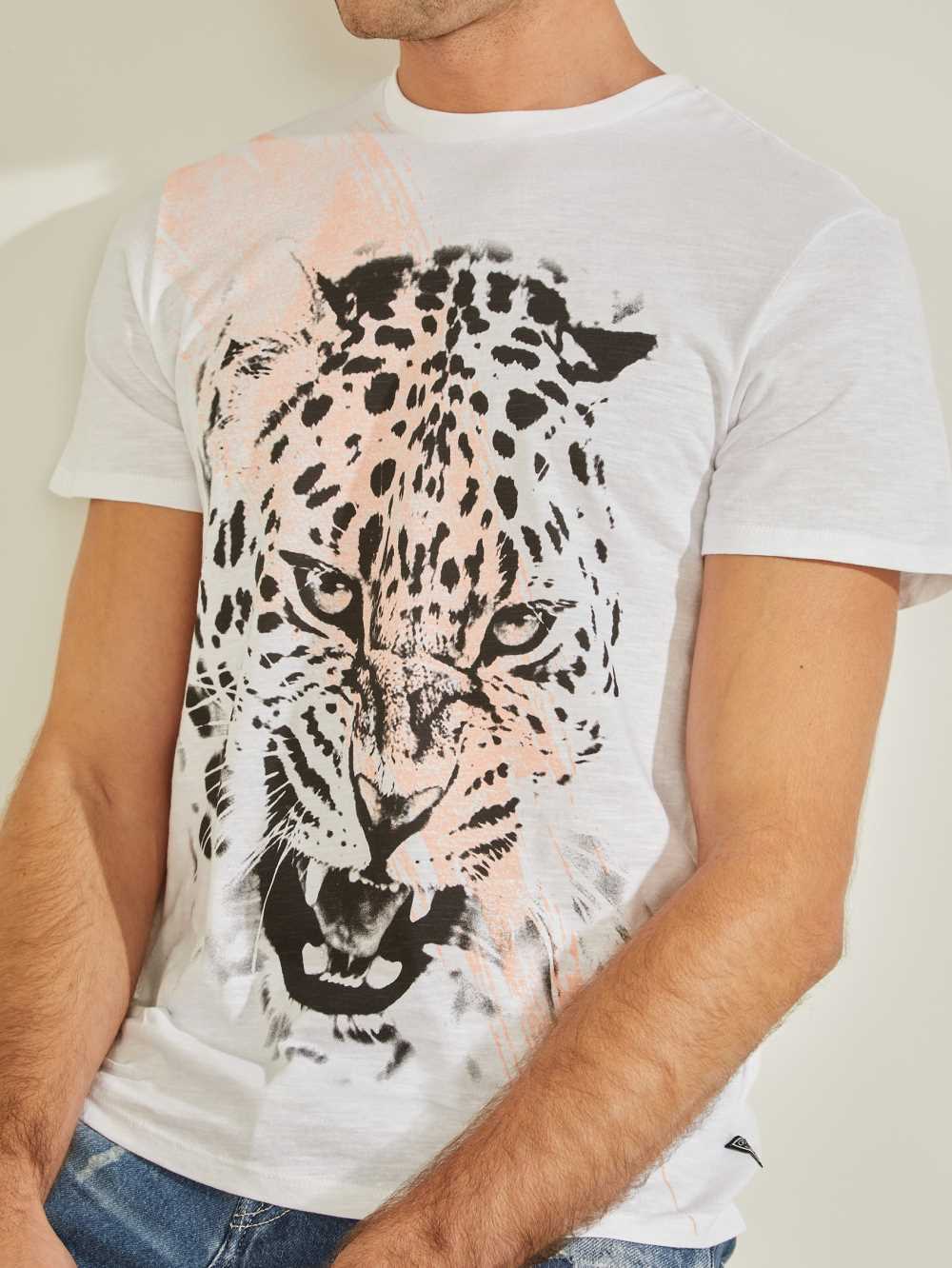 White Men's Guess Leopard Brushstroke T-shirt Australia Sale | 085EBMUGK