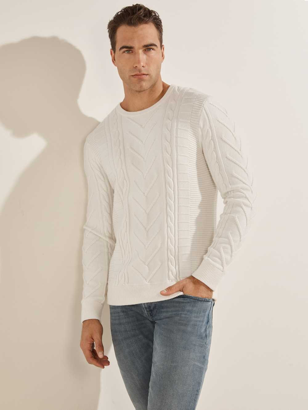 White Men\'s Guess Liam Mixed Cable Sweaters Australia Sale | 468IRZFTE