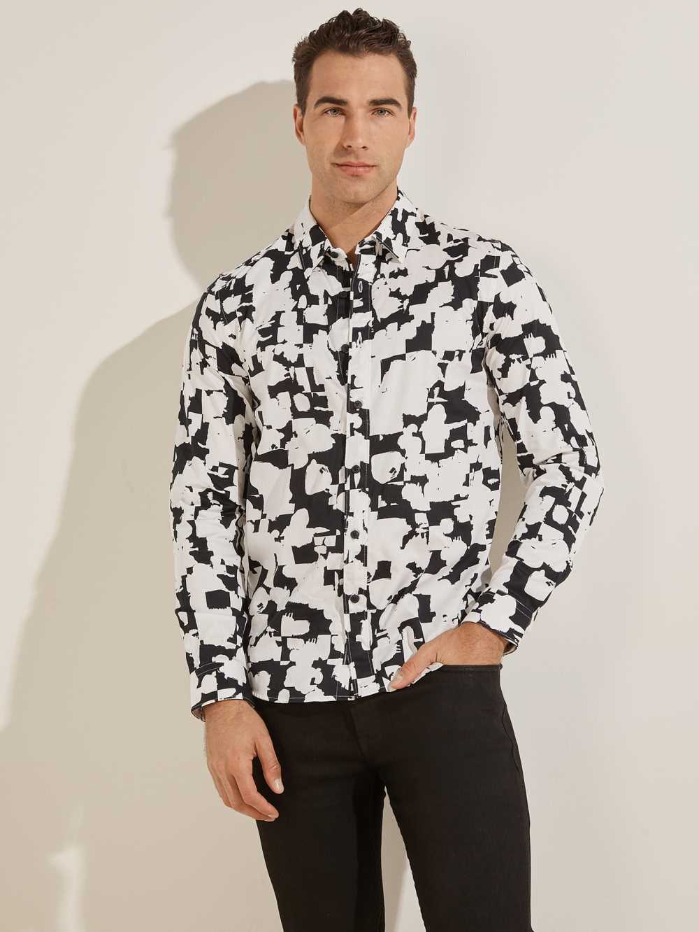 White Men\'s Guess Luxe Abstract Splatter Shirts Australia Sale | 128SIRFZD