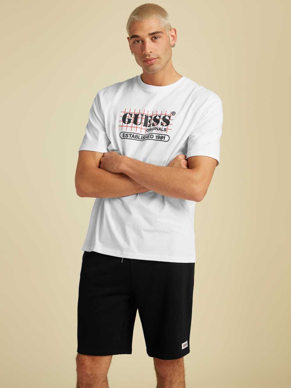 White Men's Guess Originals Grid T-shirt Australia Sale | 380MNOXPA