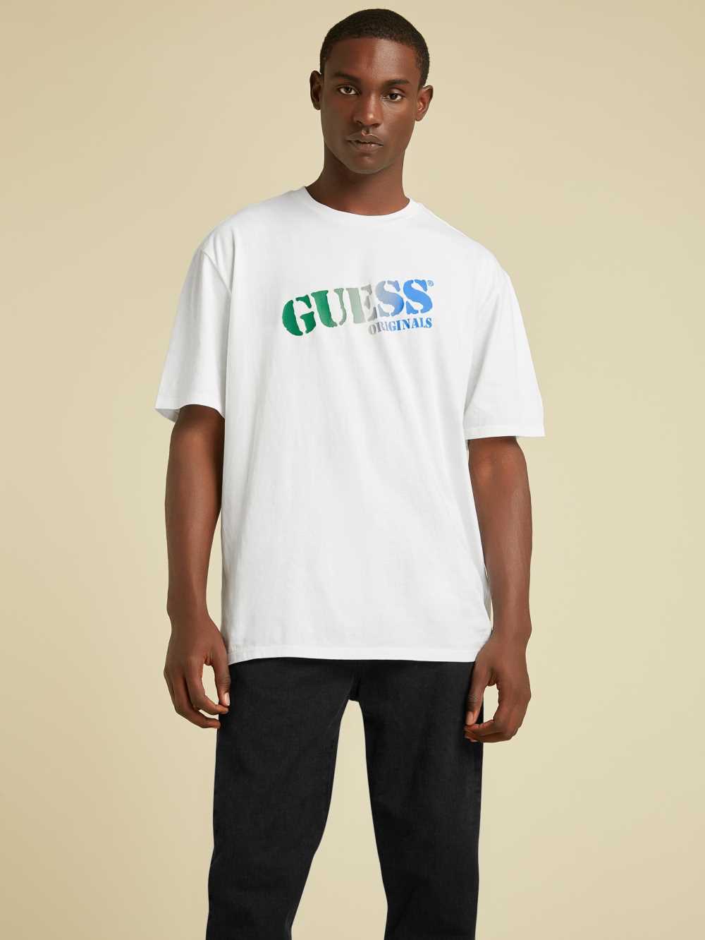 White Men\'s Guess Originals Ombre Logo T-shirt Australia Sale | 541PVUSHD