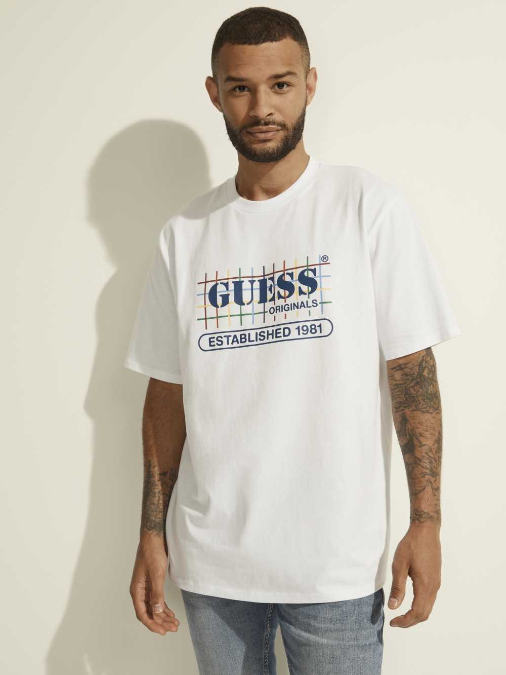 White Men's Guess Originals Rainbow Grid T-shirt Australia Sale | 018ZEACST