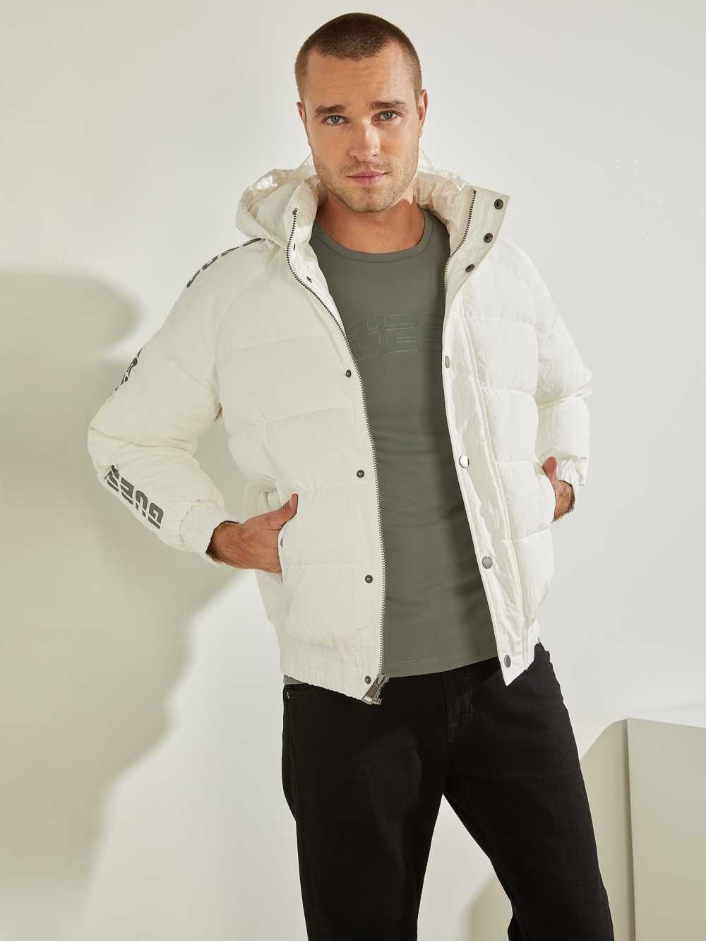 White Men\'s Guess Summit Nylon Ski Puffer Jackets Australia Sale | 251XOCWFJ