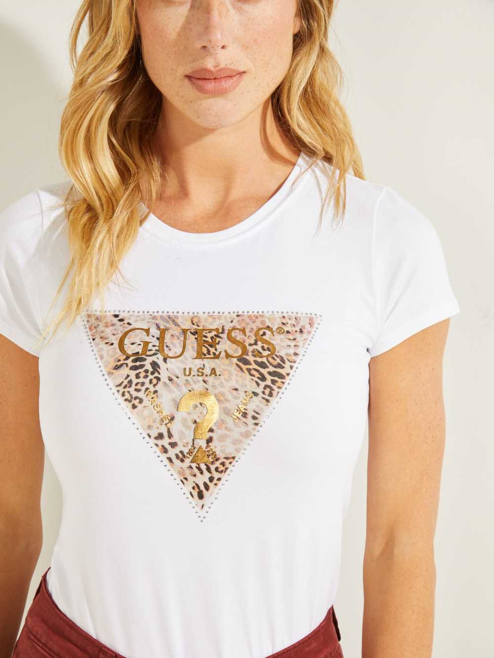 White Women's Guess Eco Ghost Leopard Logo T-shirt Australia Sale | 143XAHIEU