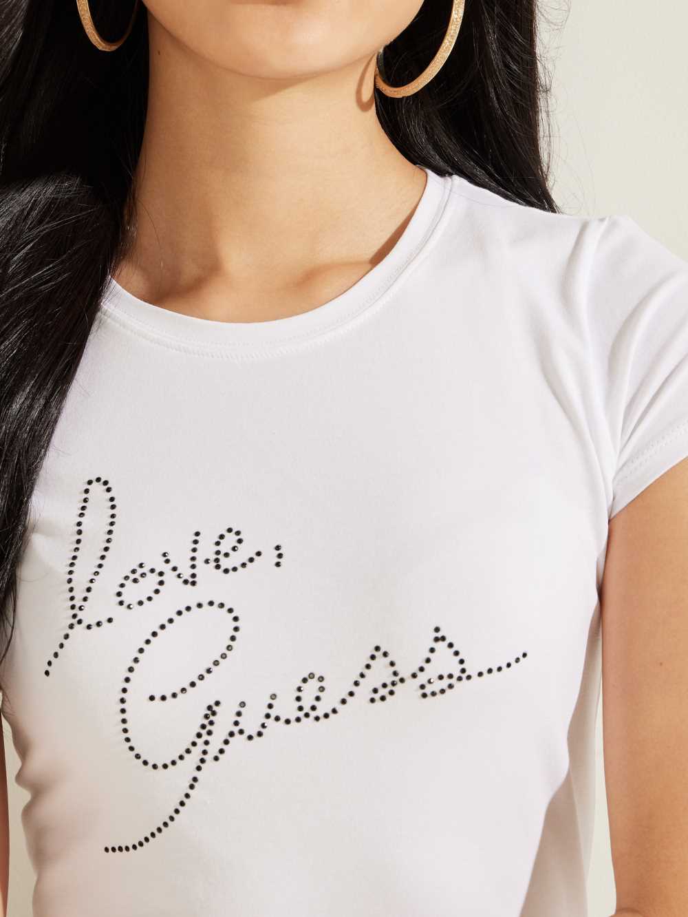 White Women's Guess Love Rhinestone T-shirt Australia Sale | 183CBETPO