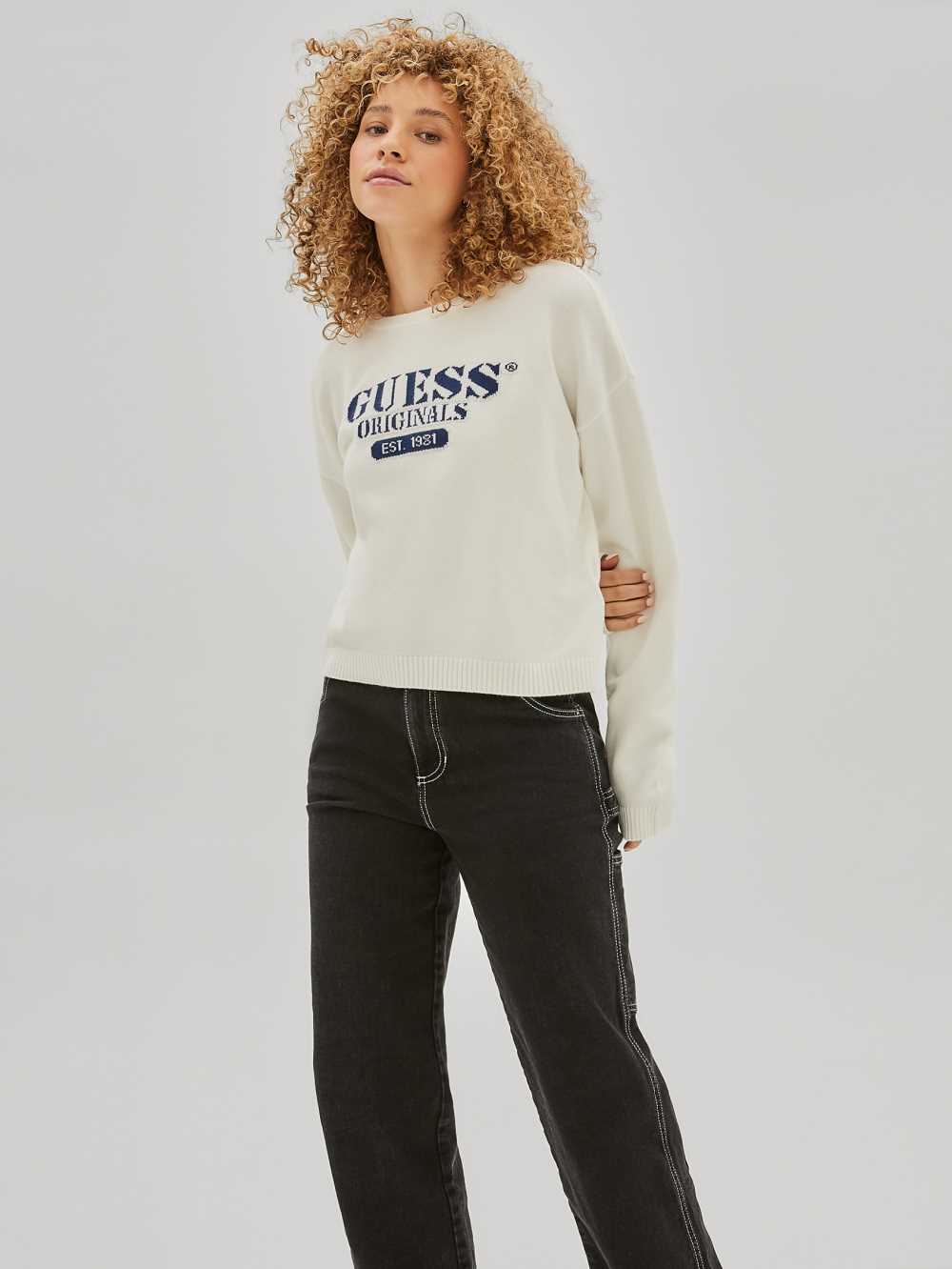 White Women\'s Guess Originals Logo Sweaters Australia Sale | 394ENSJBU